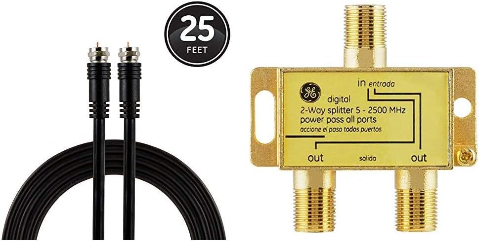 GE RG6 Coaxial Cable, 25 Ft. F-Type Connectors, Double Shielded Coax, Input Output, Low Loss Coax, Black & Digital 2-Way Coaxial Cable Splitter, 2.5 GHz 5-2500 MHz, RG6 Compatible, 33526 : Electronics
