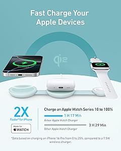 Anker MagSafe Compatible MagGo UFO 3-in-1 Charger, iPhone 17 Wireless Charging Station, 15W Qi2 Certified, Foldable Travel Charging Pad, for iPhone 17/16/15/14, AirPods, Apple Watch (Not a Power Bank)