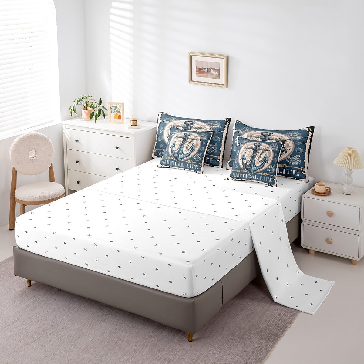 Erosebridal Ocean Comforter Set King,Summer Anchor Bed in A Bag for Kids Teens Adult,Vintage Nautical Bedding Sets(1 Comforter,2 Pillowcases,1 Flat Sheet,1 Fitted Sheet,2 Throw Pillow Covers)
