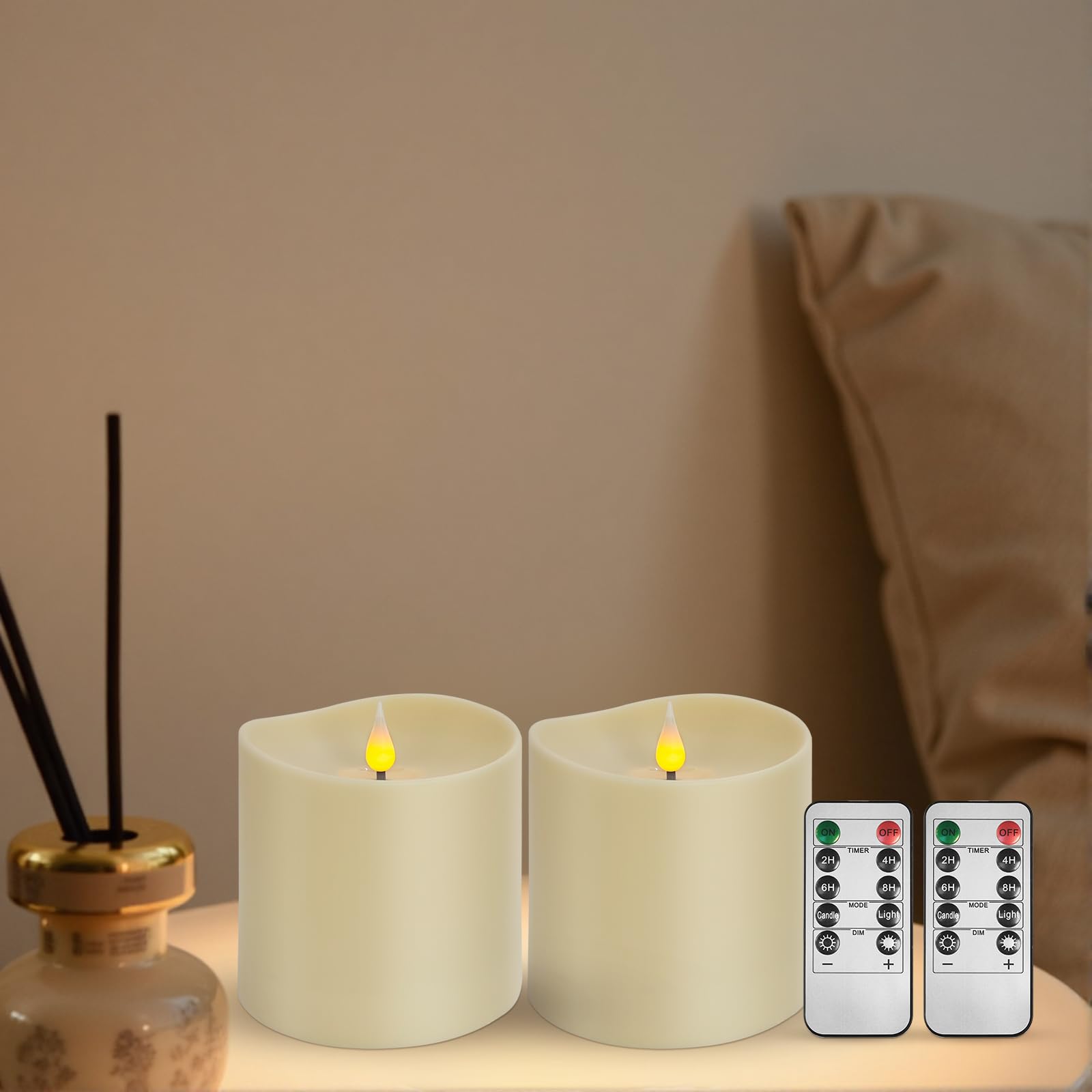 Set of 2 Flameless LED Candles with 2 Remotes, 4x4 Inch Battery Operated Plastic Pillar Candles, Realistic Flickering Flame, Timer &amp; Dimming, Ivory – Safe &amp; Elegant for Home and Events