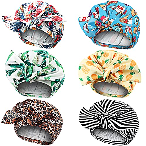 SATINIOR 6 Pieces Reusbale Bowknot Shower Caps for Women Bow Shower Bath Caps Reusbale Elastic Hem Turban Shower Hair Caps for Long Short and Curly Hair for Women Girls