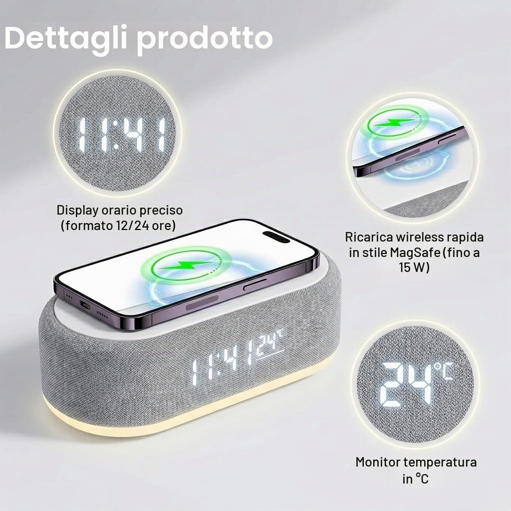 Sveglia caricatore a induzione 3 in 1, orologio digitale a LED, caricatore a induzione per iPhone e Android,Simulatore di alba, sveglia collegata con luce, doppio allarme, USB, design moderno