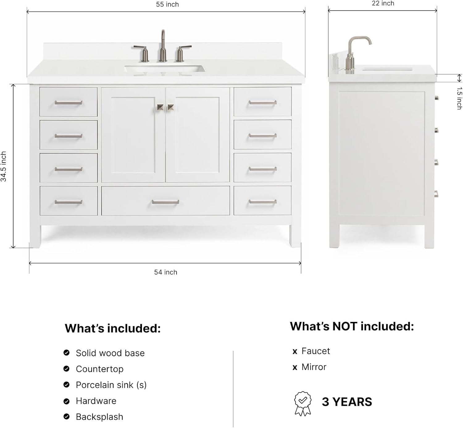 ARIEL Cambridge 54-inch Bathroom Vanity with Sink,Solid Wood, 1.5-inch Pure White Quartz Countertop & Backsplash, Single Rectangular Porcelain Sink, 2 Soft Closing Doors, 9 Dovetail Drawers, White
