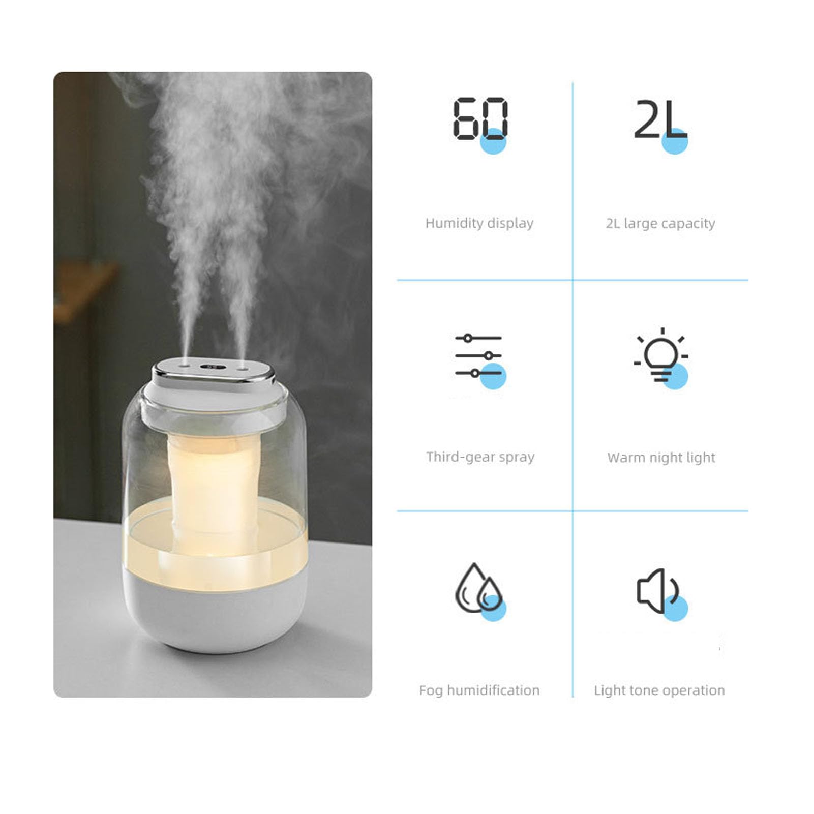 Umidificatore a doppio spruzzo Umidificatore a nebbia fredda da tavolo con display digitale ricaricabile USB da 2 litri con luce notturna per ufficio e casa