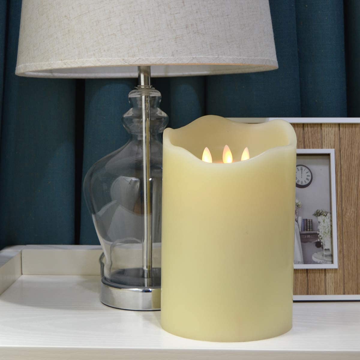 9" 3 Wicks Flameless Flickering Heavy Huge Big Candles,Real Wax Battery Operated With Remote Control Timer for Home Dinner Table Book shelf Bedding Room Wedding Decor - 9 inch Tall Ivory White