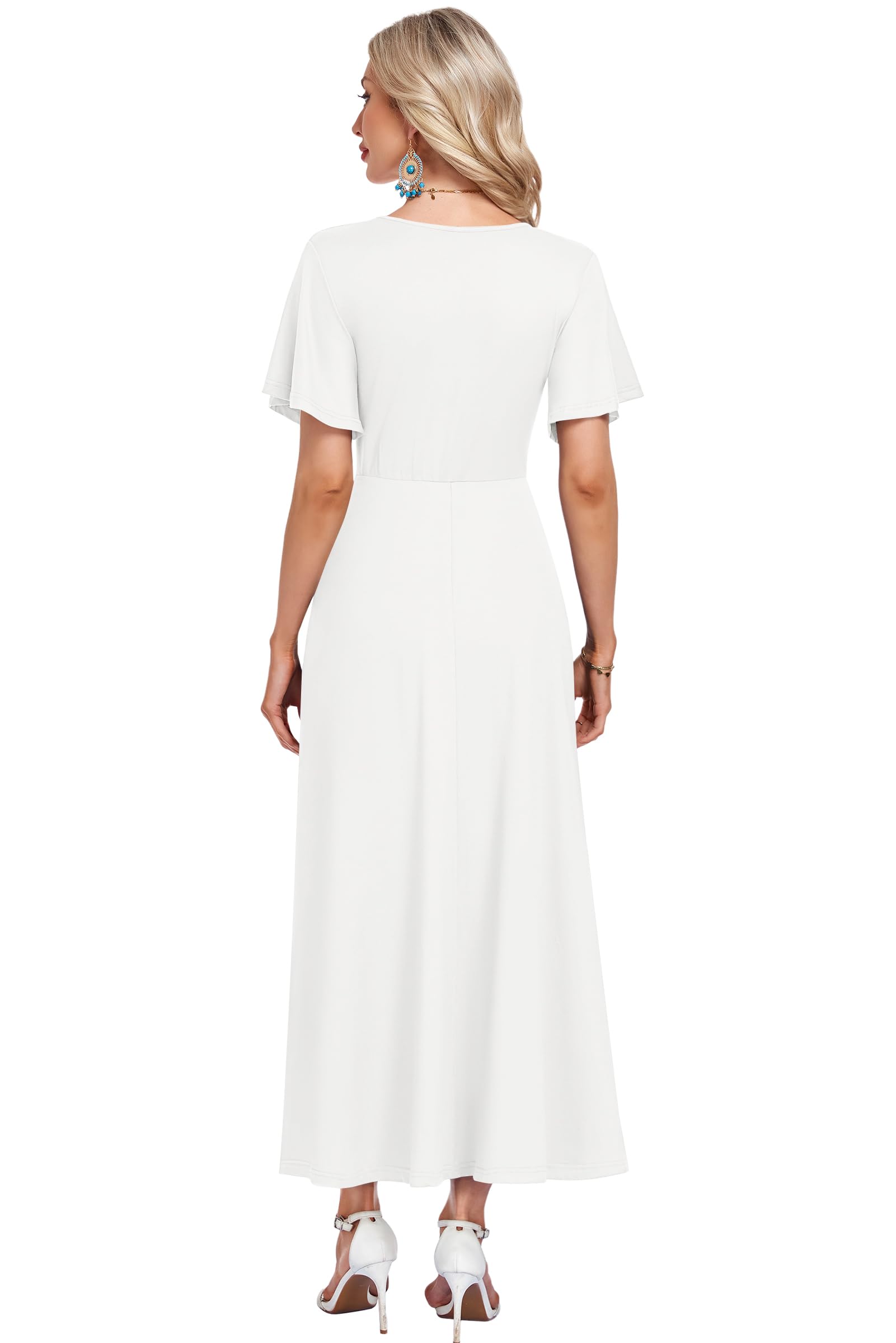 AUSELILY Robe Maxi Femme été 2026 - Robe d'Été Élégante à Manches Courtes Lâches avec Poches et Col V Robe Longue Vacances Plage Robe Femme Léger Confortable