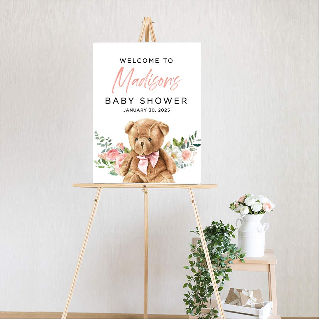 Andaz Press Custom Large Baby Shower Canvas Welcome Sign, 16 x 20 Inches, Blush Pink Teddy Bear, Guestbook Alternative, Personalized Sign Our Canvas, for Bear Baby Shower, Baby Sprinkle Theme