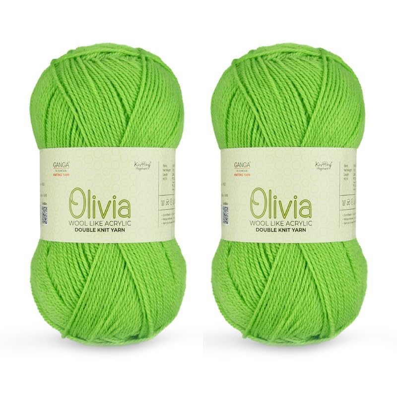 Image of Ganga Acrowools Acrylic Olivia, Double Knit Yarn. Hand Knitting and Crochet Yarn. Oekotex Class 1 Certified. Pack of 2 Balls - 100Gms Each.Shade No -OLV062 Kiwi Green