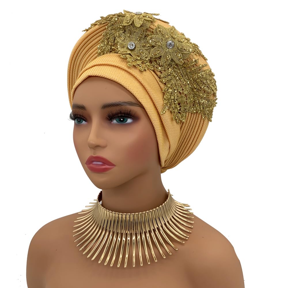 Fashion African Autogele Headtie Nigeria Women Head Wraps Already Made Wedding Geles (gold)