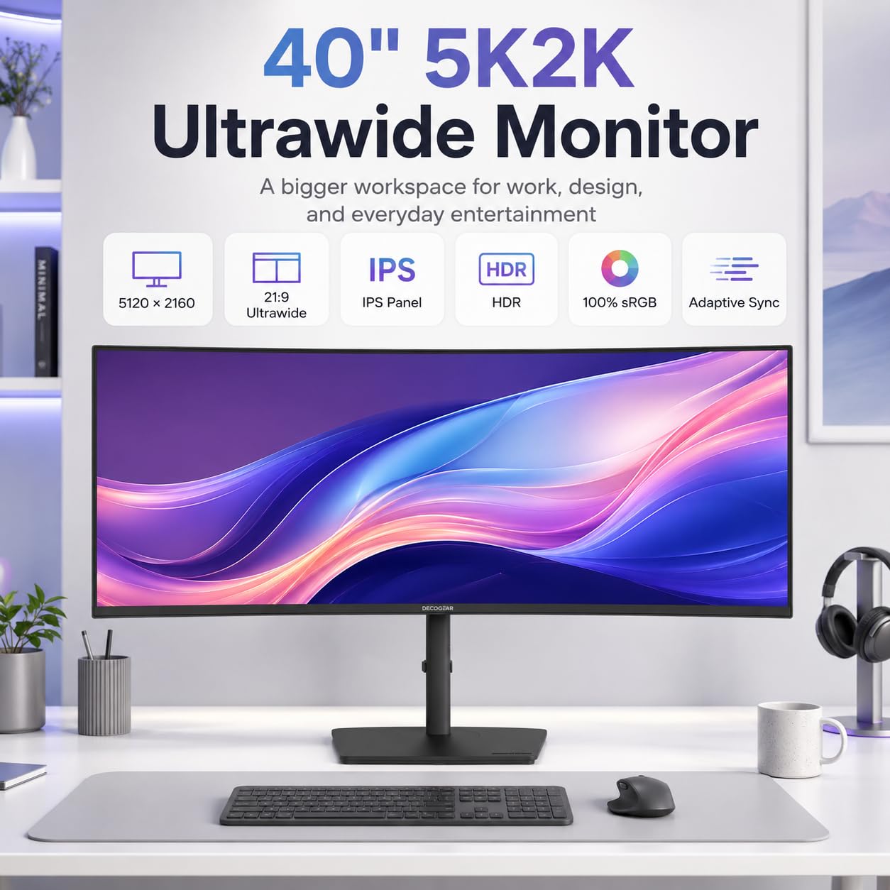 Deco Gear 40 zakrzywionych ultrawide Nano IPS Monitor, 5120x2160 5K2K, 21:9, HDR10, AdaptiveSync, 100% sRGB, HDMI 2.0, DP, USB-C