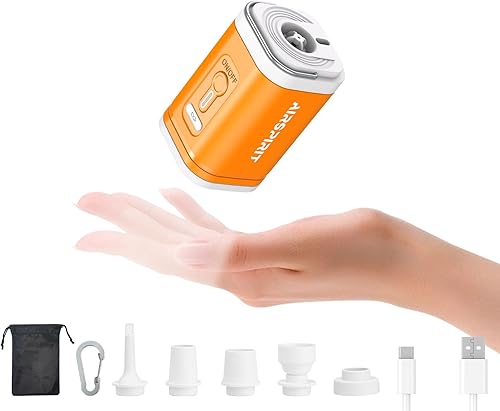 Mini bomba de aire eléctrica portátil para inflables, 2400 mAh, recargable, luz de campamento (SOS), 5 boquillas universales, clip de mosquetón,