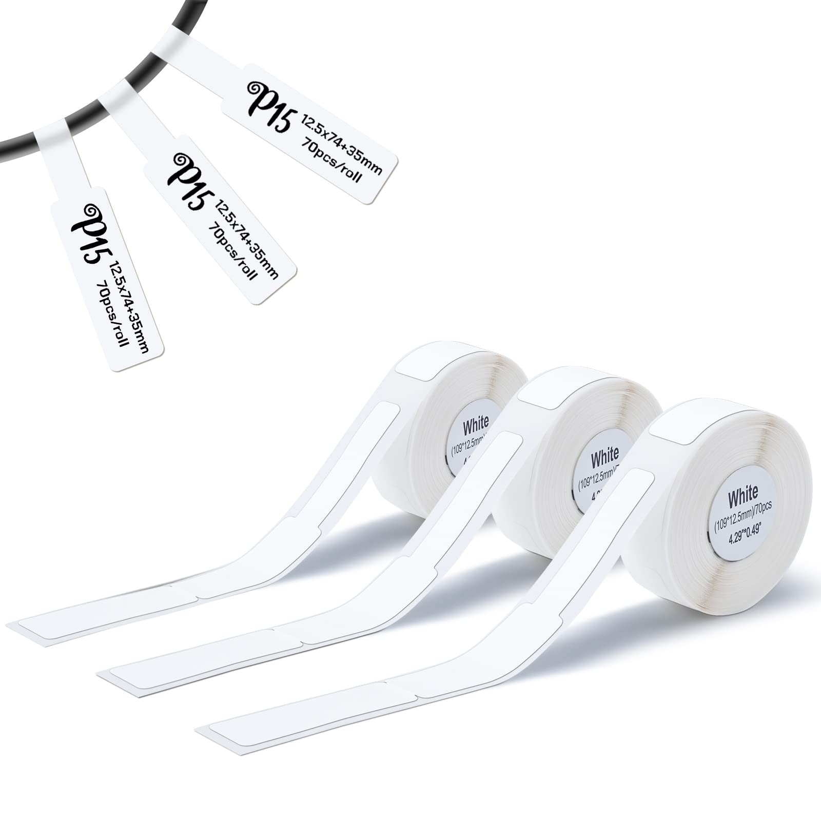 Pristar P15 Cabel Labels 3 Rolls 12.5x109mm Self-Adhesive Thermal Label Maker Tape Waterproof Anti-Oil Tear-Resistant White Stickers for Home, Office, School, 70 Labels/Roll