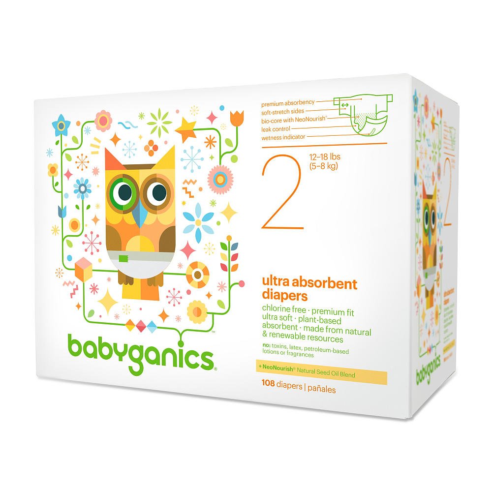Babyganics Ultra Absorbent Diapers, Size 2, 108 Count
