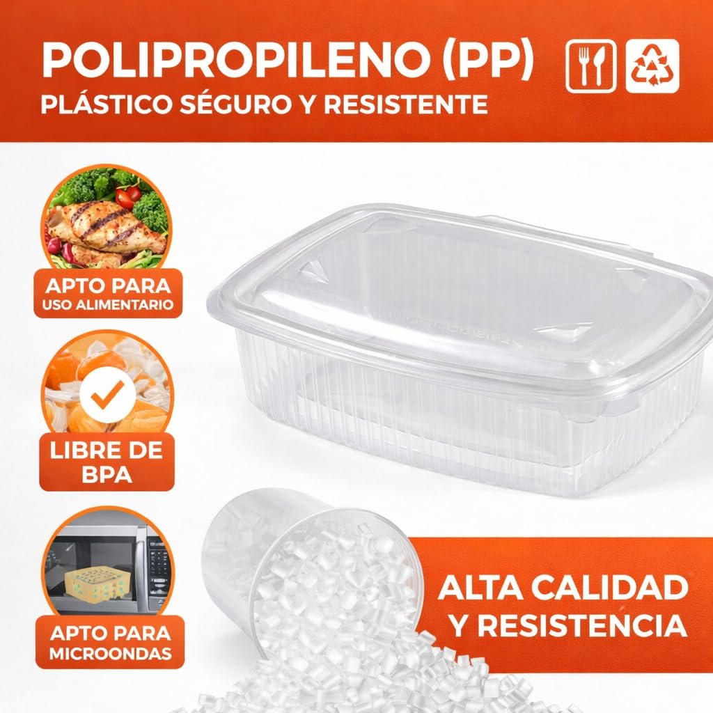 Envases comida para llevar 1000ml, pack de 100 unidades, tapa transparente, recipientes plástico PP desechables para hostelería, restauración y delivery, comida caliente y fría, apto para microondas