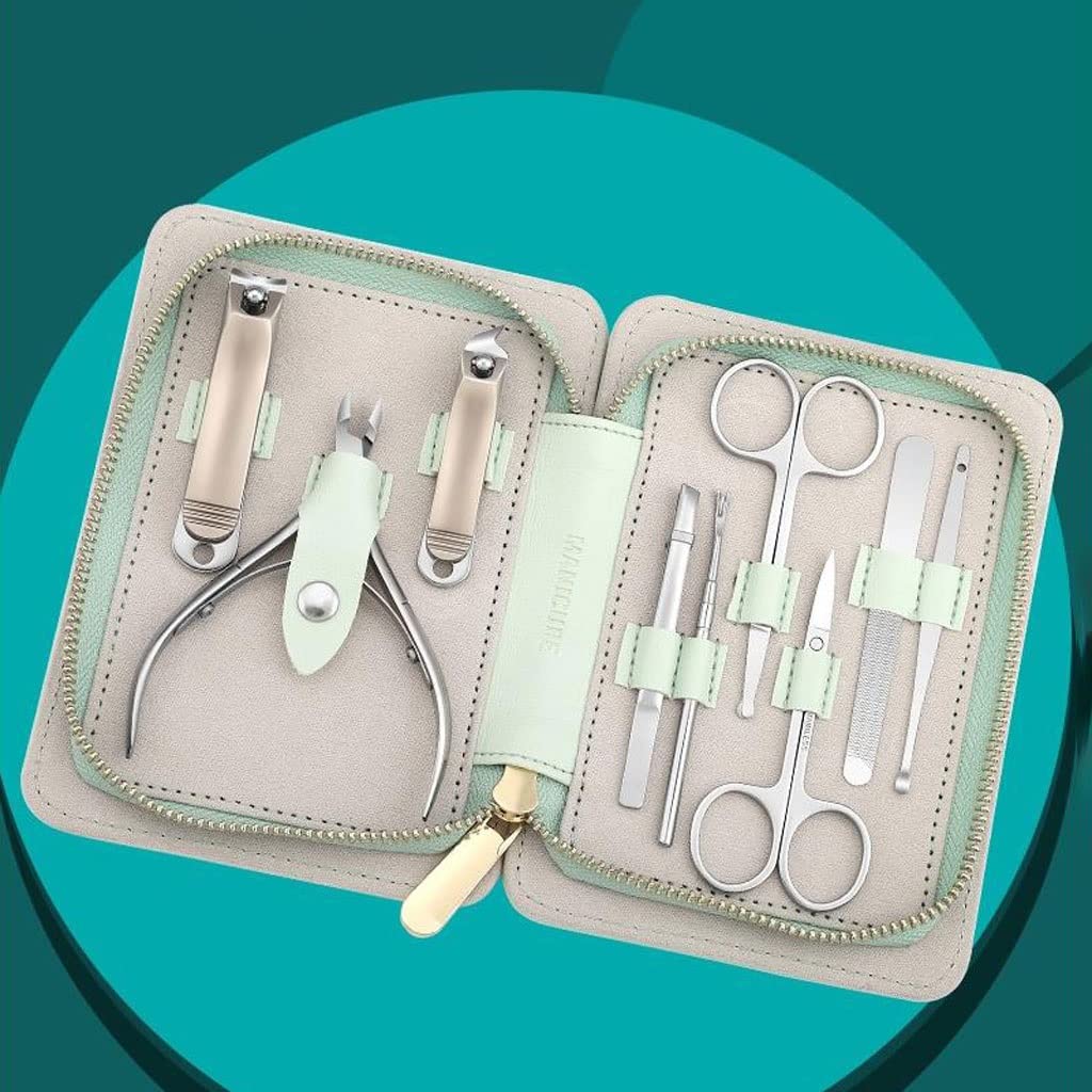 Juego de manicura, Juego de uñas, Juego de uñas de acero inoxidable de 9 piezas Juego de uñas de pedicura profesional for el hogar Juego de belleza de viaje portátil con bolsa de moda portátil Kit de