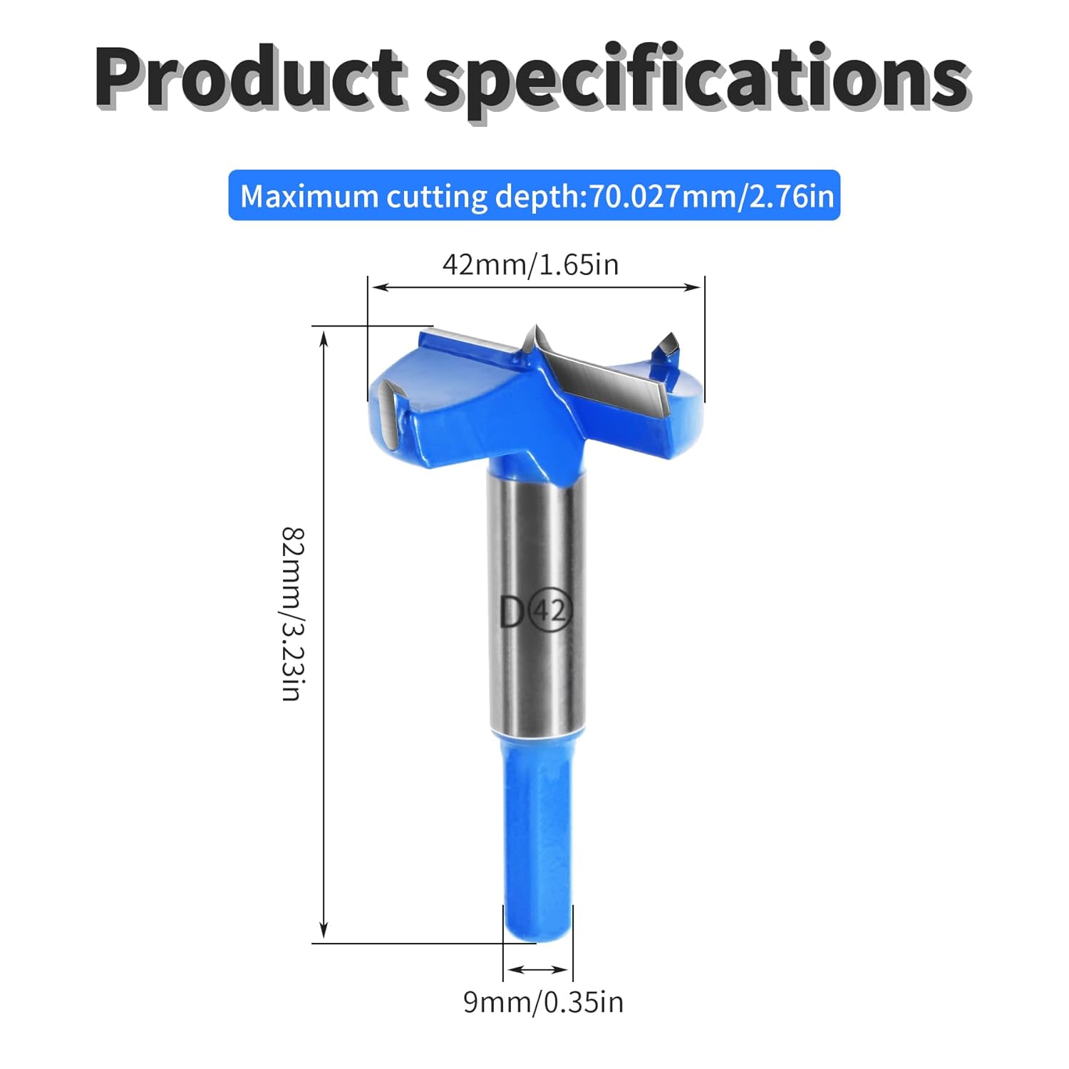 42mm丨1.65 Inch Forstner Drill Bit with Hex Shank Double-Flute Tungsten Carbide Wood Hole Saw for Plastic, Hard Wood, Woodworking Hinge Hole Drilling Boring Bits Cutter 1 Pcs Blue