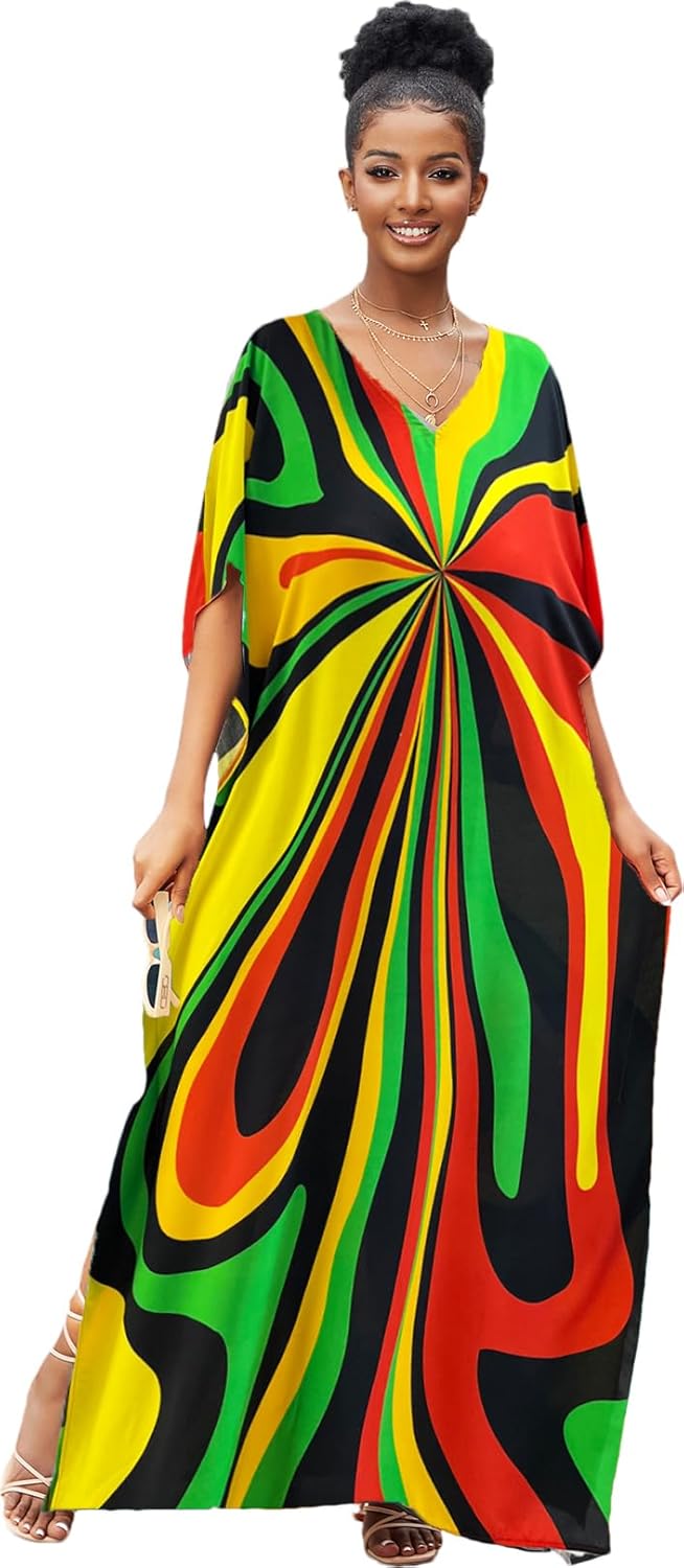 RanRui Floral Print Kaftan Dresses for Women Ethnic Boho Print swim cover up Batwing Sleeve Vneck Caftans