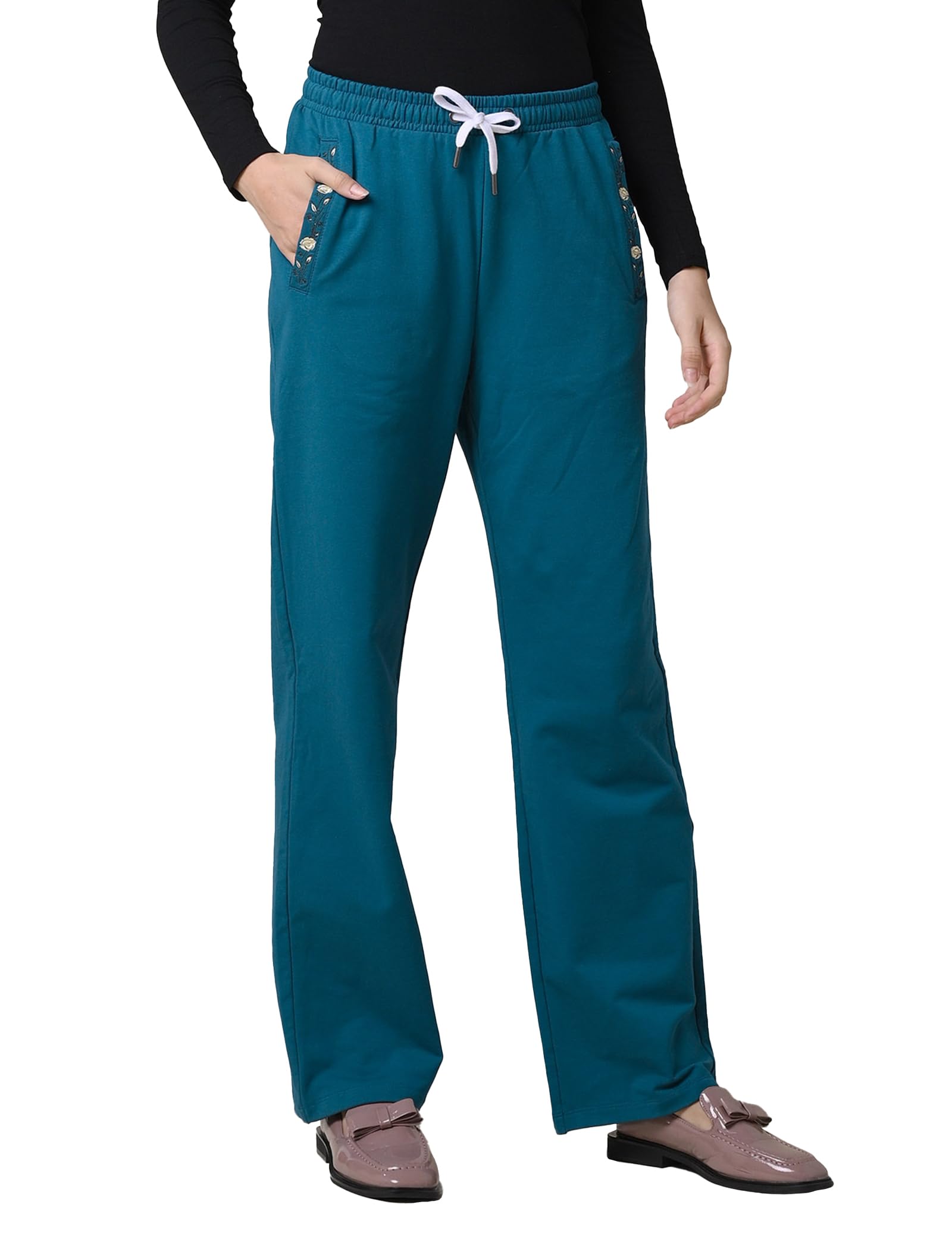 Enorsia Women's Blue Stretchy Embroidery Design Details Trousers With Elasticated Waist, Flower Placement Embroidery At Pocket And Bone Pocket At Front (,8)