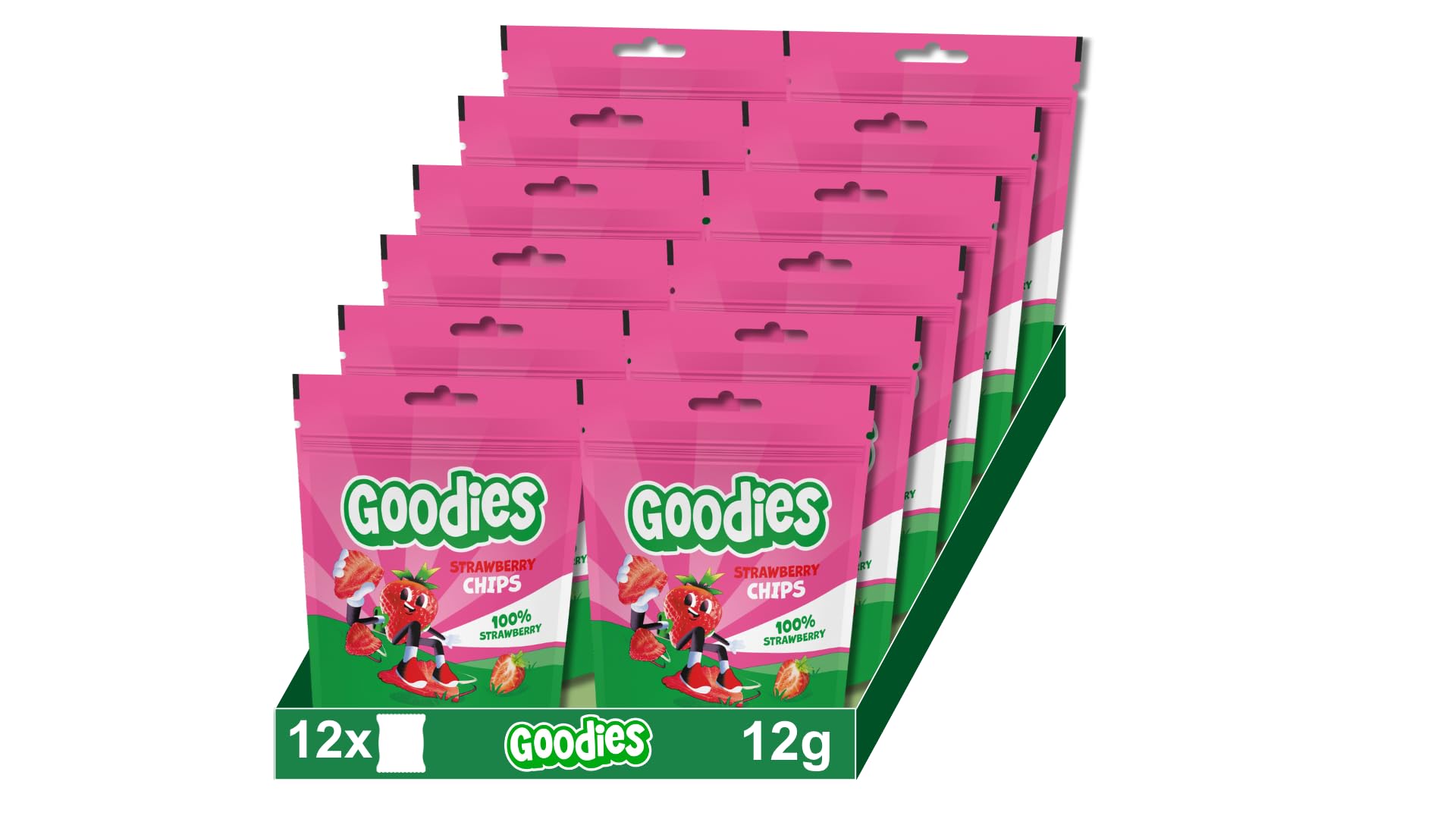Goodies, Snack para Niños, Chips de Fresa, 100% fresas, sin azúcares añadidos, fuente natural de fibra, Pack de 12x12gr