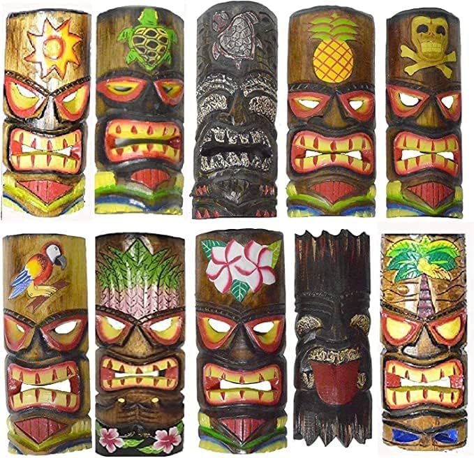 SET OF 10 HAND CARVED POLYNESIAN HAWAIIAN TIKI STYLE MASKS 12 IN TALL