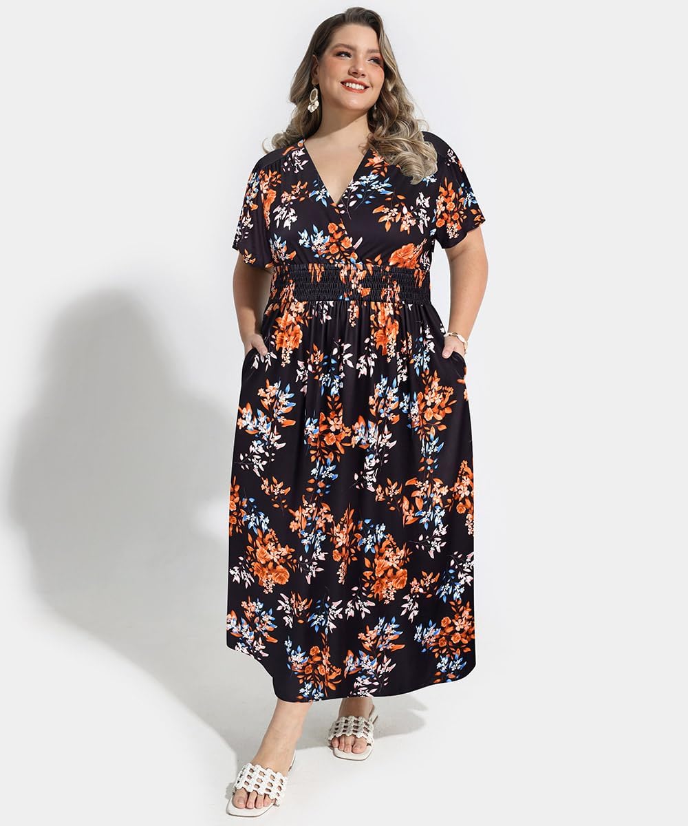 CARCOS Plus Size Dresses for Curvy Women V Neck Summer Maxi Dress Short Sleeve Floral Boho Dress Smocked Waist Beach Dress - Image 3