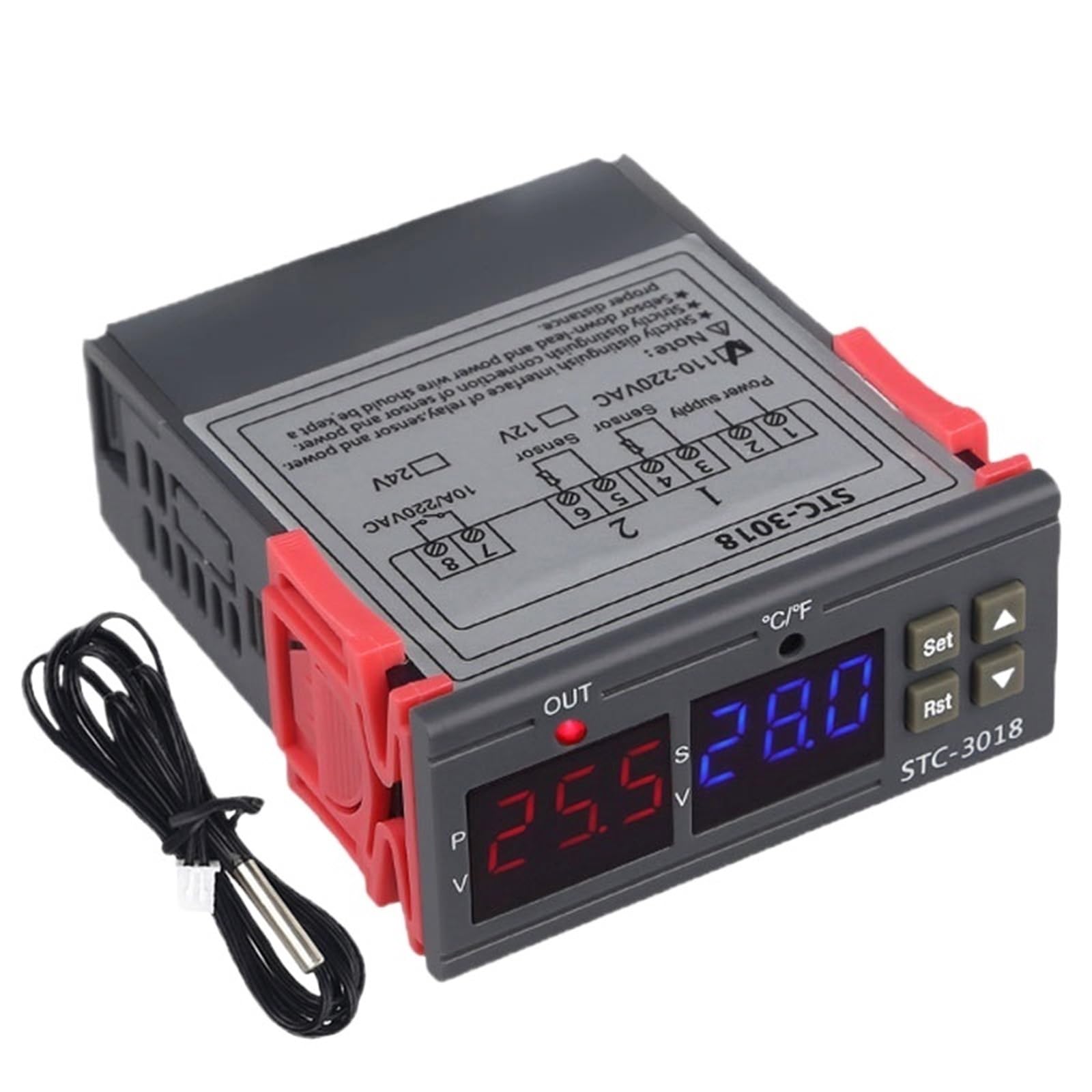 STC-3018 cyfrowy regulator temperatury, termostat, termoregulator, czujnik temperatury, przekaźnik grzewczy, 12 V/24 V (12 V)