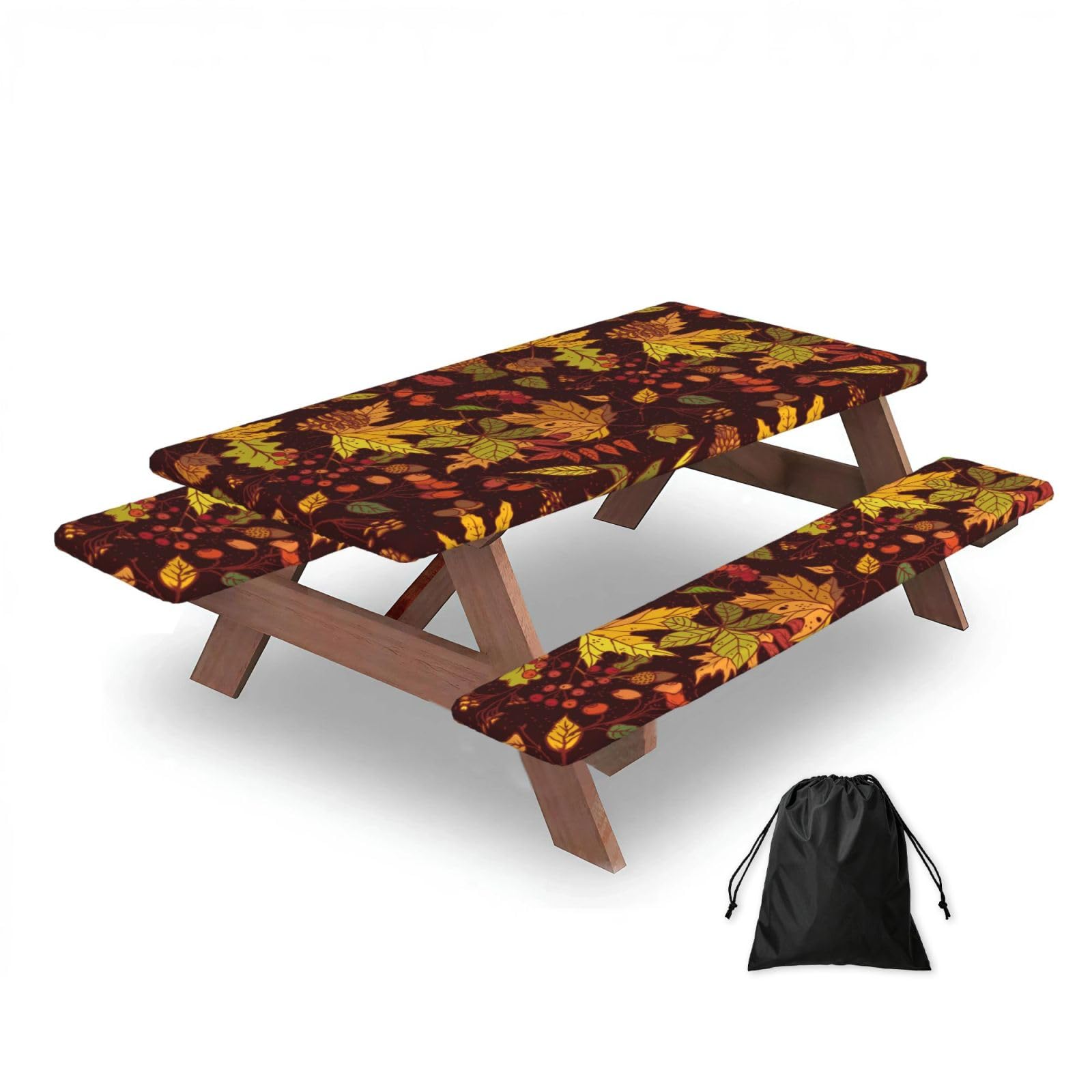 Dopklna As Picture Fall Autumn Leaves Acorn Berries Printed, Picnic Table Cover With Bench Covers -Waterproof Elastic Fitted Tablecloth For Garden Camping Patio 76X152cm