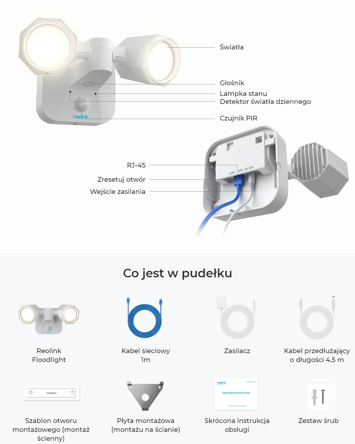 Reolink Floodlight WiFi do Zewnętrznej Kamery Bezpieczeństwa, Oszczędność Energii, Wbudowany Czujnik PIR, Połączony z Kamerami Reolink, 3 Tryby Oświetlenia, WiFi Floodlight | Oszczędność energii, wbudowany czujnik PIR, połączony z kamerami, 3 tryby światł