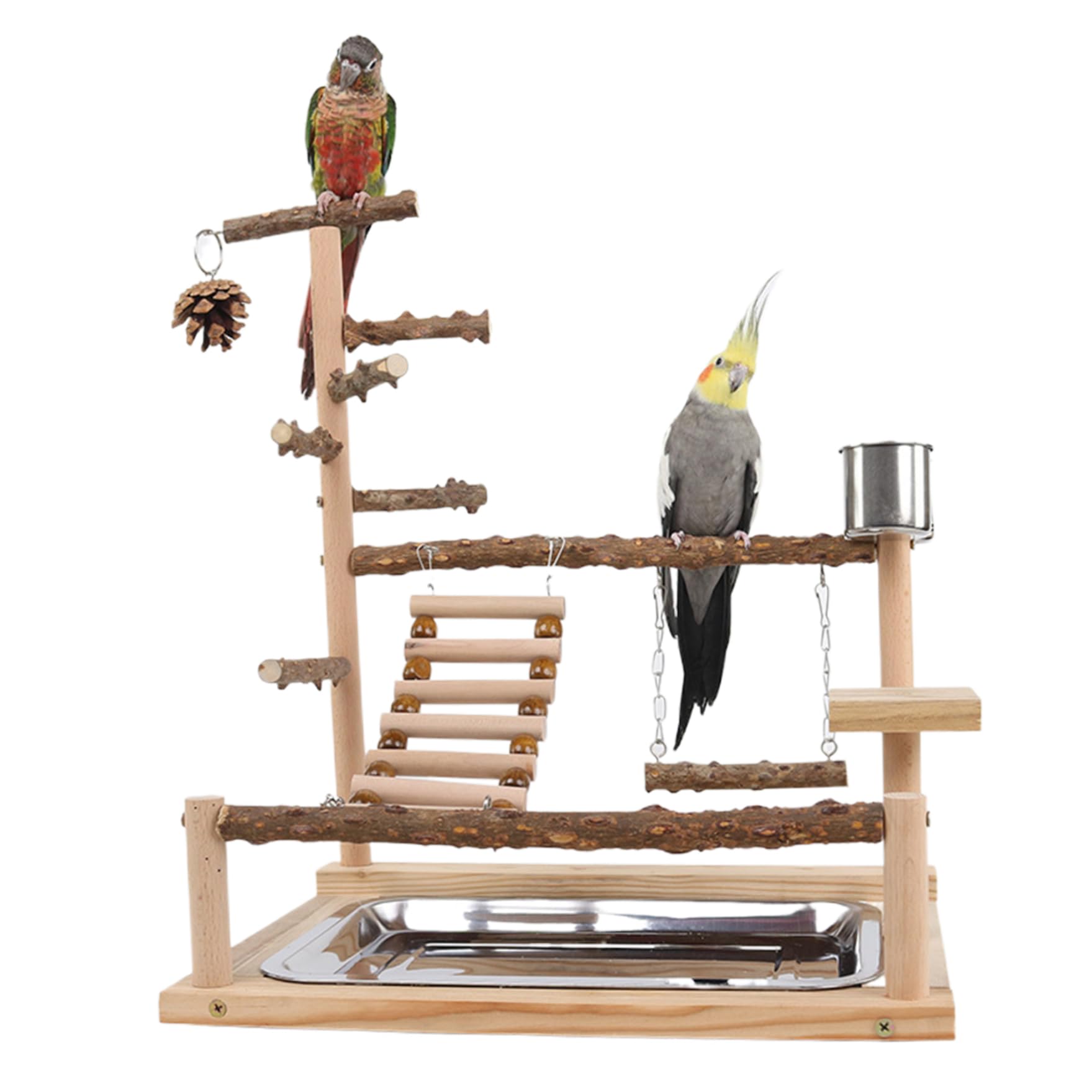 Bird Playground Natural Wood Parrot Stand with Feeder Cup Bird Perch Stand Play Gym Budgie Toys Parrot Perch 14.6 * 10.2 * 17.7inch Pet Supplies