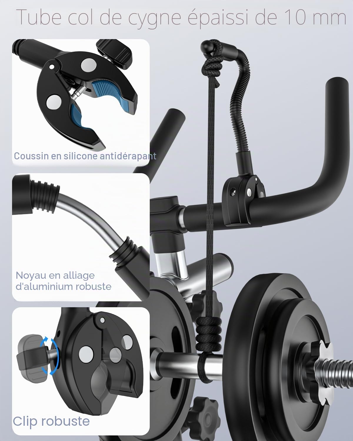 Support de Téléphone à Col de Cygne pour Fauteuil Roulant, Vélo, Poussette, Tapis de Course, Scooter, Pince de Guidon de Vélo, Compatible vec iPhone 16 15 14 Pro Max, 4-7" Smartphones