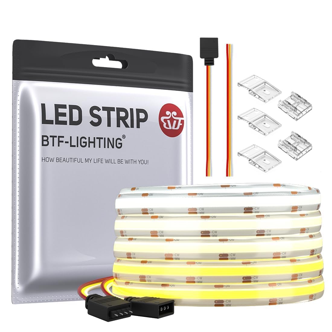 BTF-LIGHTING FCOB COB CCT Tira LED Flexible Alta Densidad 5M 640LEDs/m DC24V 14W/M IP65 Regulable Sintonizable 3000K-6000K CRI＞90 para Decoración de Interiores(No contiene Alimentación＆Controlador)