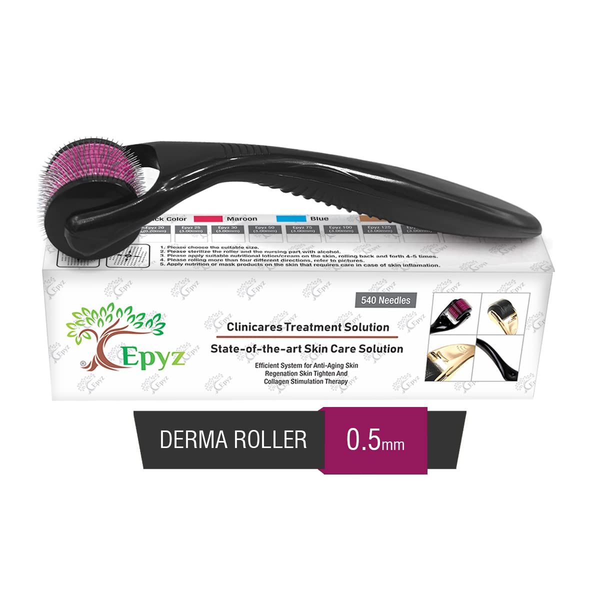 Epyz Derma Roller For Hair Growth 0.5 mm with 540 Stainless Steel Needles Repairs Damaged Hair Reduces Acne Scars Safe & Effective For Hair Fall & Hair Thickening - Pink