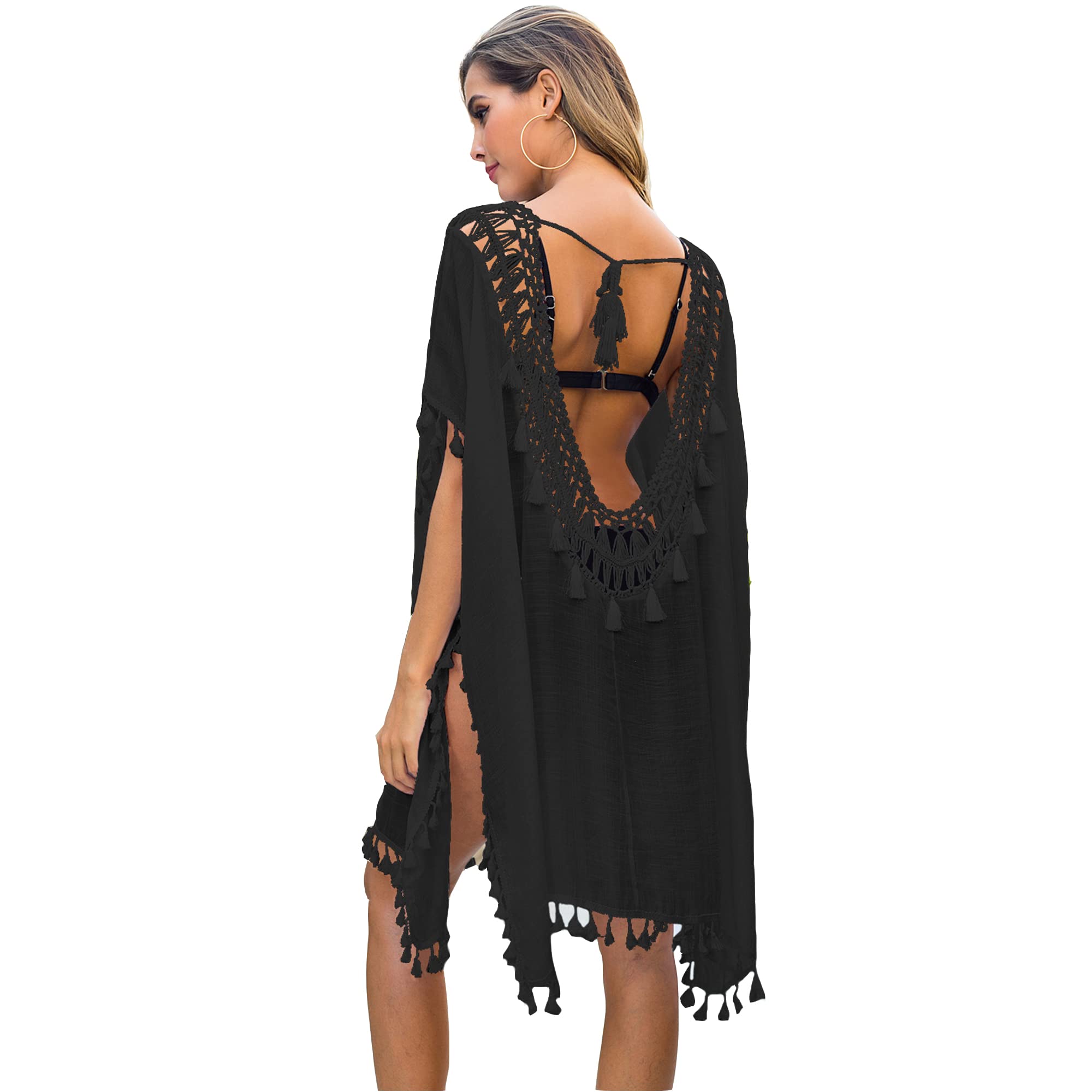 MIXIDON Vestido Playa Mujer Vestidos Playa Pareos Playa Mujer Kaftan Mujer Vestidos Tejidos Crochet Kaftan Playa Bata Kimono Mujer Cuello en V Borla Talla única