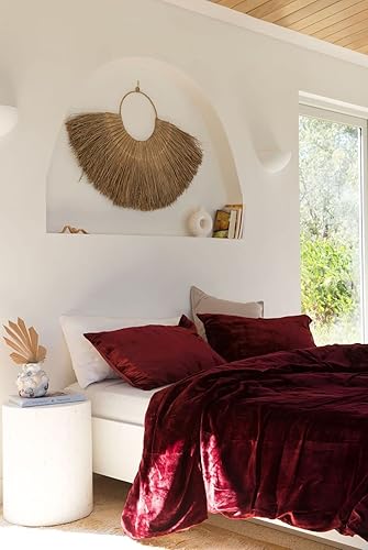 Miniatura 4 de Sophia Art - Juego de cama de terciopelo de rayón de 3 piezas, estilo bohemio, funda de edredón de un solo color, funda de colcha (granate, tamaño