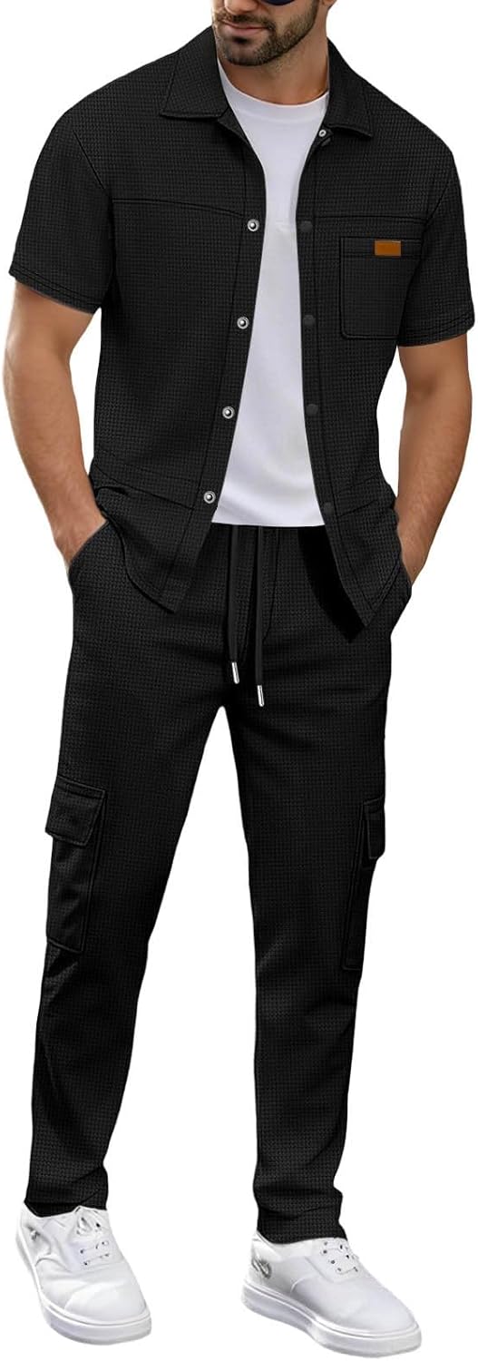 Men's 2 Piece Waffle Knit Track Suit Set Casual Short Sleeve Button Down Shirt Athletic Jogging Suits Outfits