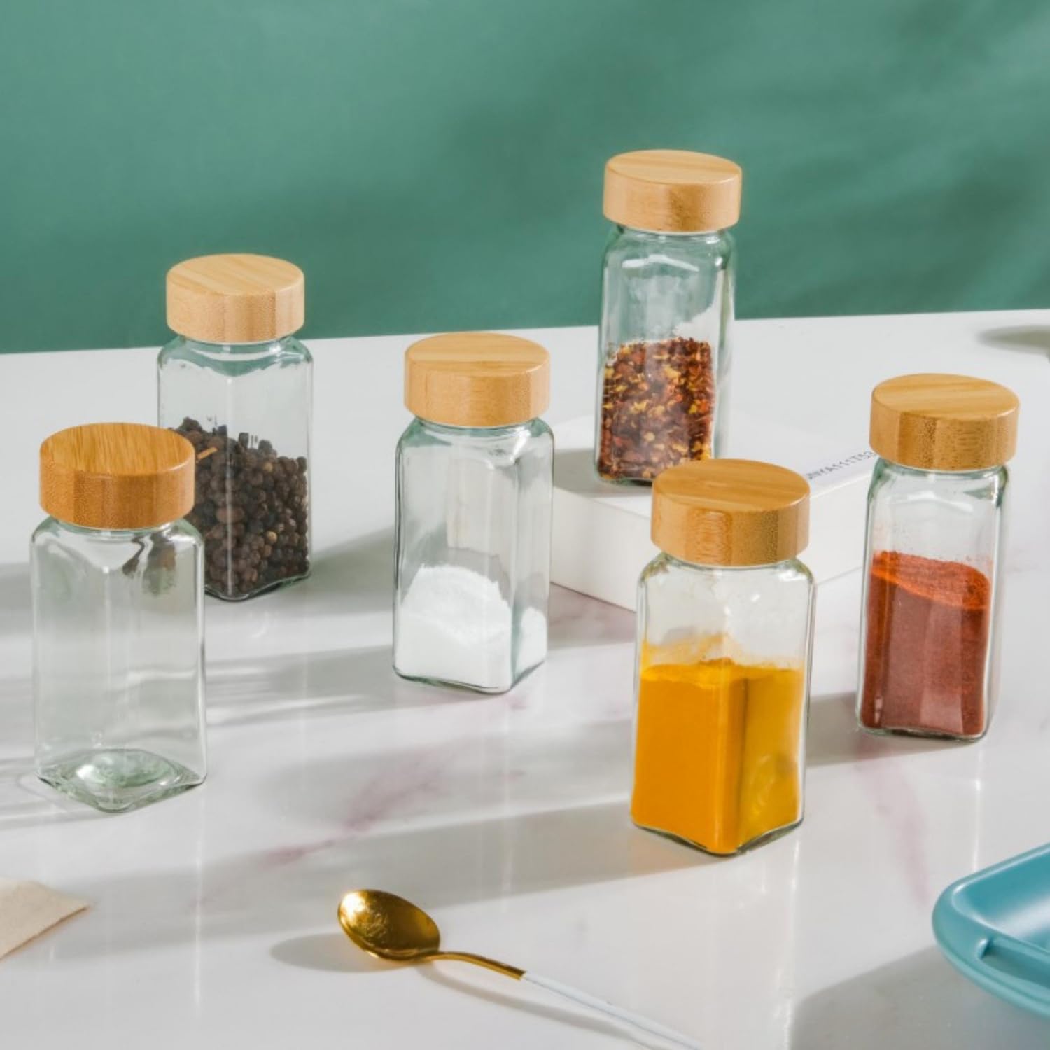Nestasia Small Glass Jar with Lid (Set of 6-100ml Each) - Transparent Seasoning Glass Containers with Airtight Sprinkler Lid for Kitchen Storage Pantry, Spices, Salt, Pepper, Herbs or Chilly Flakes