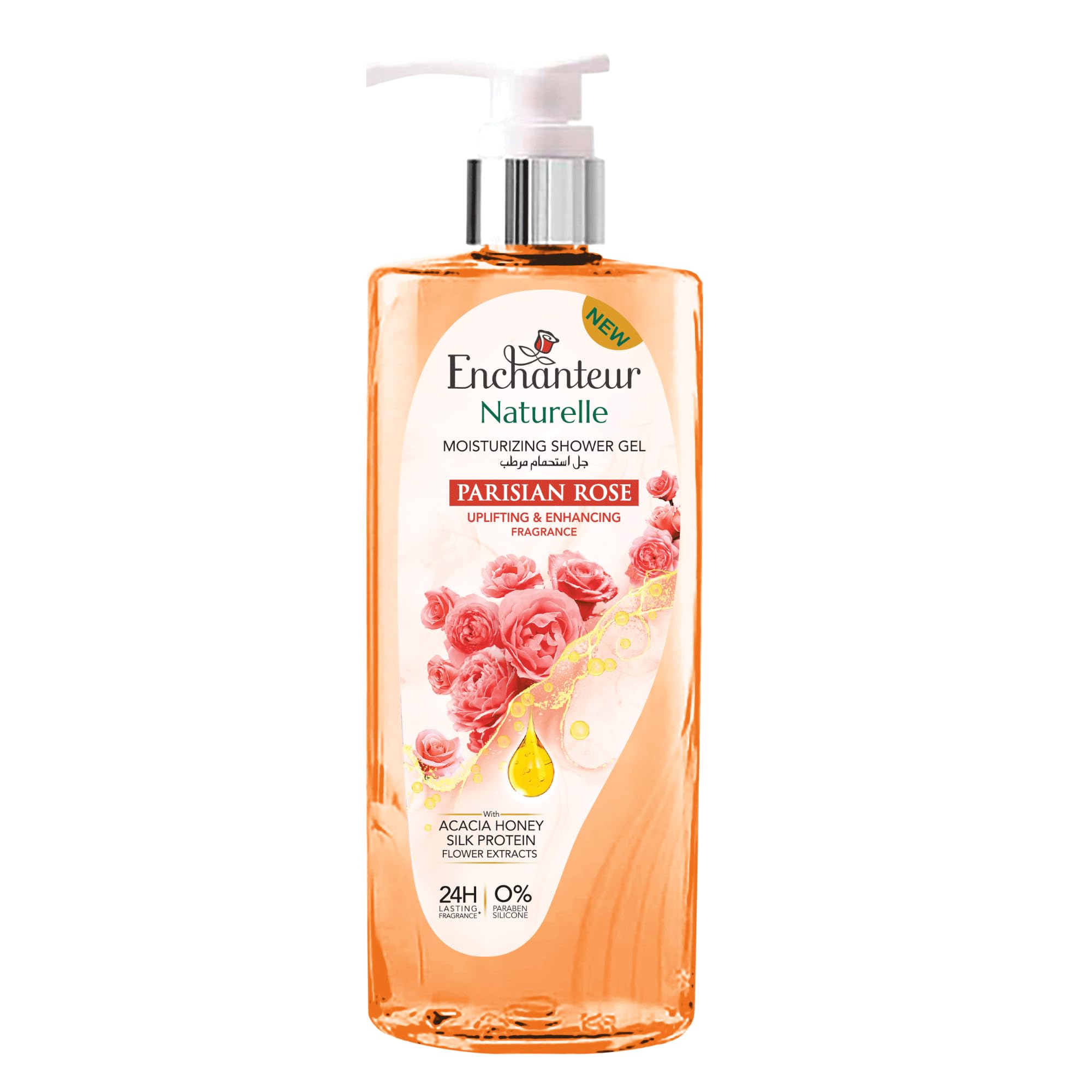 – Naturelle Moisturizing Shower Gel, Parisian Rose, with Acacia Honey & Silk Protein, Micellar Technology, 24H Lasting Fragrance, 0% Paraben & Silicone, 500 ml Pump