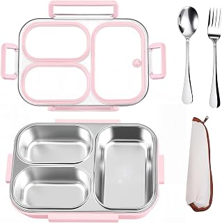 25oz 18/8 Stainless Steel Lunch Box Kit (Bento Box + Fork/Spoon) - 3 Leakproof Compartments - Metal Snack Box for Kids & Adults - School/Office/Travel - Dishwasher Safe (Pink)