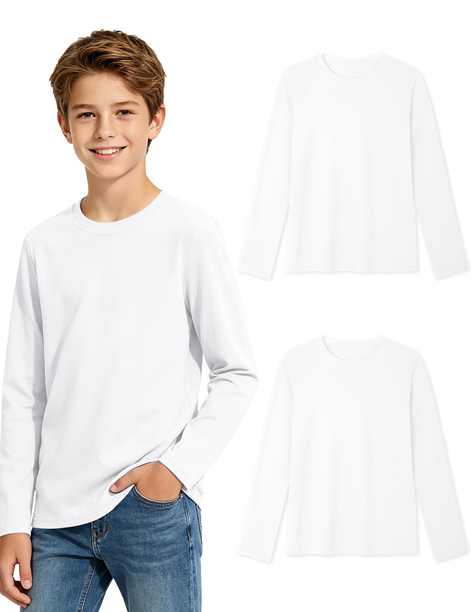 Auranso 2er-Pack Langarmshirt Jungen Baumwolle Rundhals Kinder 130-160 cm