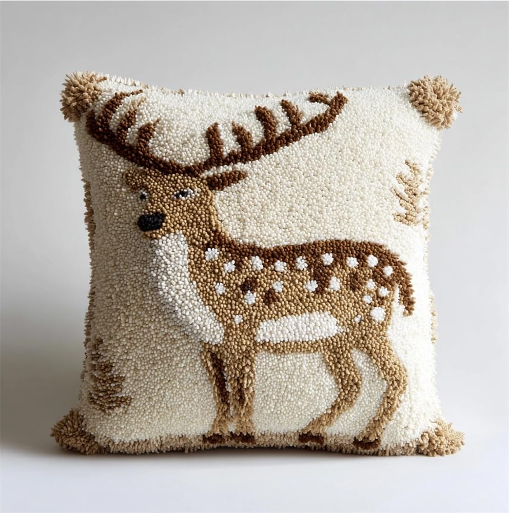 kitphoenix Latch Hook Kits Make Your Own Cushion,White Fallow Deer 17X17Inch Pre-Printed Canvas Crochet Pillow Case Latch Hook Cushion Cover Hobby & Crafts