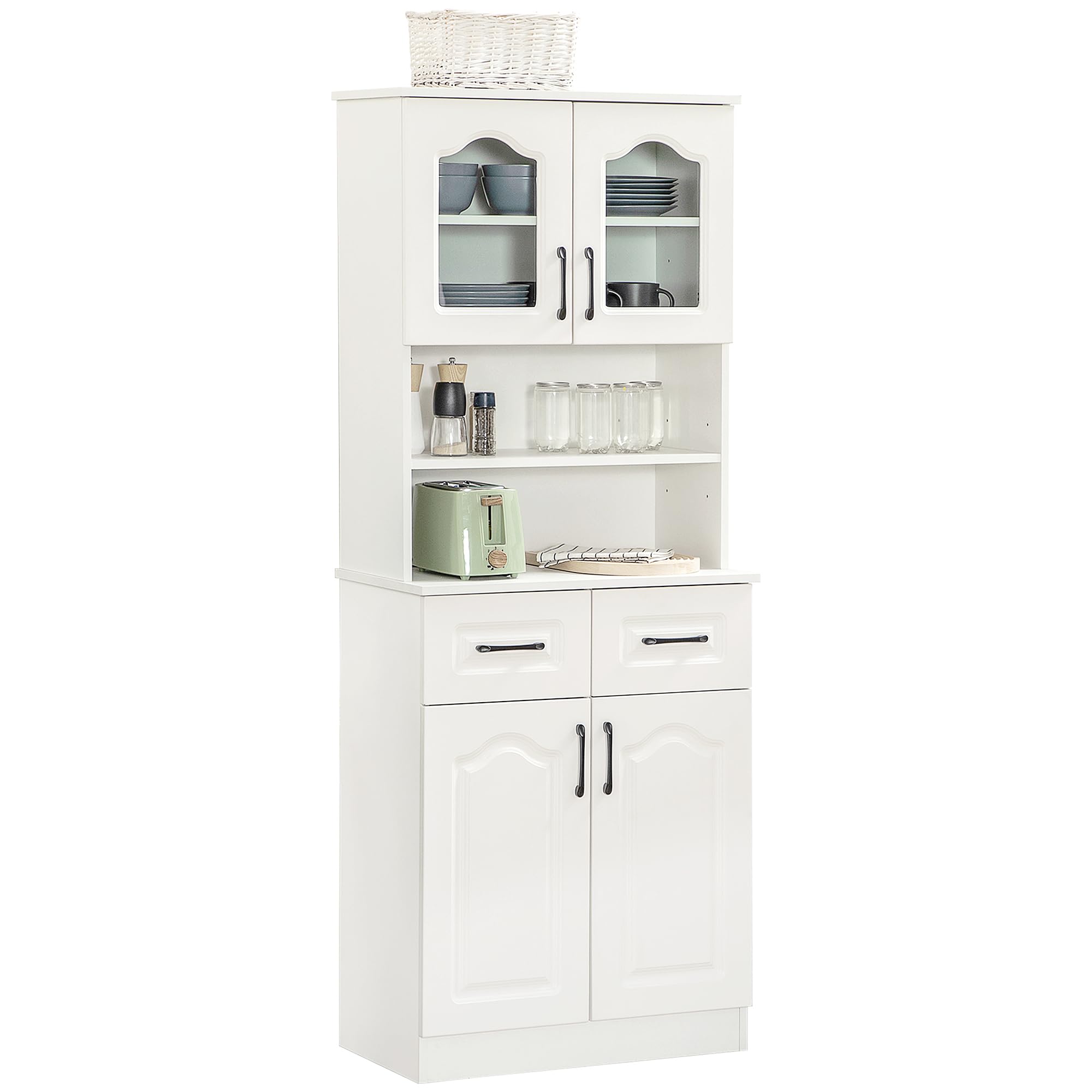 Homcom White Kitchen Cupboard, Freestanding Storage Cabinet With 2 Adjustable Shelves, 2 Drawers And Open Counter For Living Room, Dining Room, 168Cm,