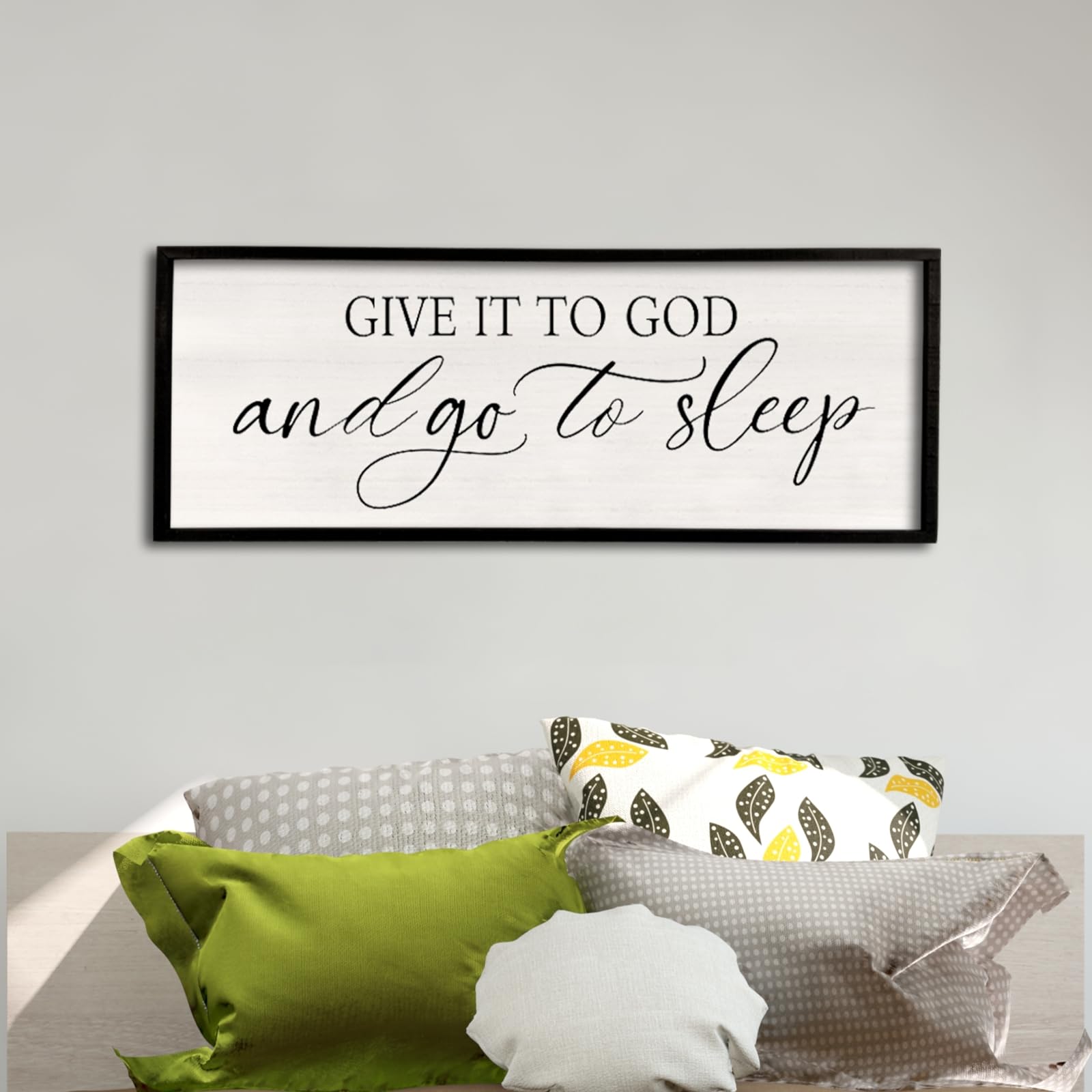 Give It To God And Go to Sleep Sign 32''×12'' Master Bedroom Above Bed Wall Decor Wood Framed Couple Large Farmhouse Guest Room Rustic Simple Over Bedside Wall Art Hanging Decor?Black?