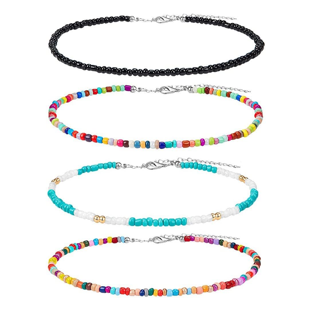 PLABBDPL 4 Piezas Collar de Surfero Gargantilla de Cuentas Boho Bohemia Collar Africano de Cuentas de Vinilo, Collar de Surfero Gargantilla Bohemia Boho Collar de Cuentas de Vinilo Joyas para Mujeres