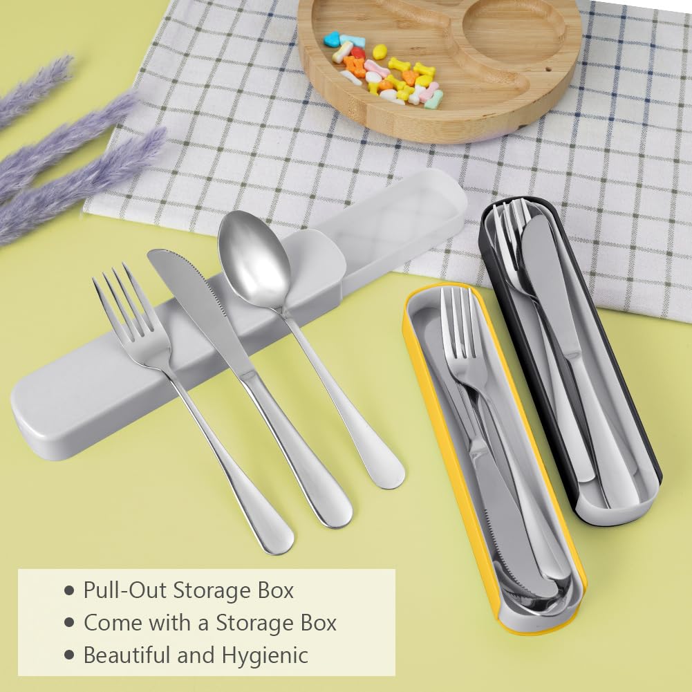 HOTUT 3 Pezzi Posate Da Campeggio Kit con Borsa Portaoggetti, Set di Posate Acciaio Inox, Finitura Lucida Lavabili in Lavastoviglie, Posate Da Viaggio in Argento con Cucchiaio Forchetta Coltello