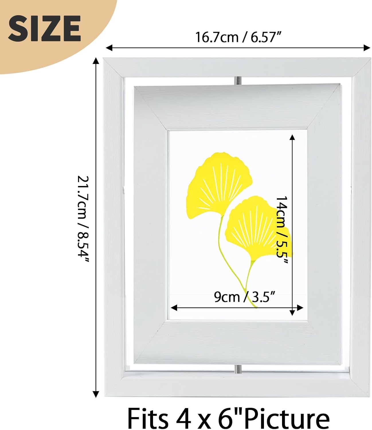 2 Pack 4x6 Rotating Floating Picture Frames, White Wood Floating Photo Frame Double-Sided Display with Crystal Glass for Tabletop, Desk or Shelf