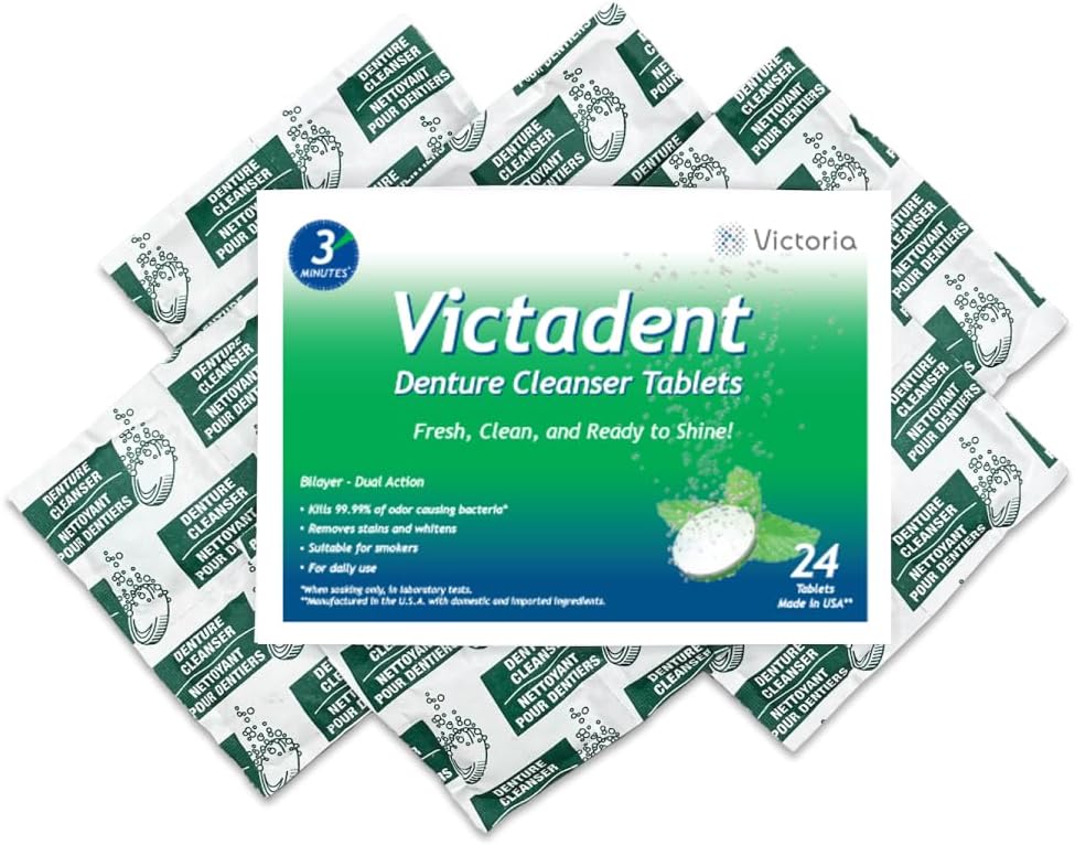 Tabletes Limpadores Victadent para Dentaduras, Retentores e Protetores Orais (24 Contagem) - Tecnologia em Dupla Camada para uma Limpeza Prolongada