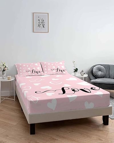 Miniatura 6 de Juego de sábanas bajeras para el día de San Valentín, tamaño Queen, 3 piezas con funda de almohada, juego de sábanas de microfibra suave con