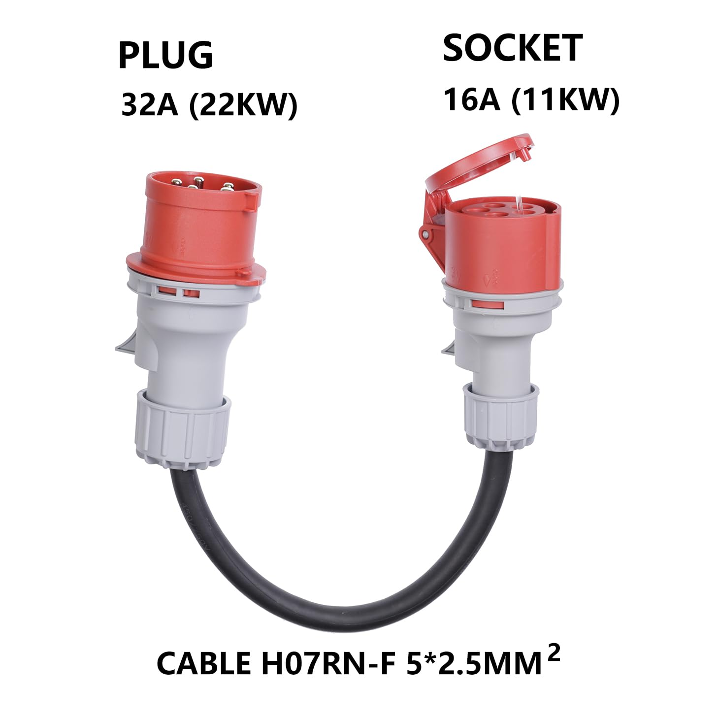 CEE Adapter 32A Stecker auf 16A Steckdose mit Schutzabdeckung, 3 Phasen, 5 polig, IP44 wasser- und staubgeschützt, tragbar, geeignet für den industriellen und privaten Gebrauch (32-16)