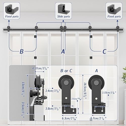 Miniatura 5 de AONAYIOA Kit de riel de puerta corrediza de granero plegable de 6 pies72 pulgadas para interior de 8 puertas, resistente (puerta no incluida, solo