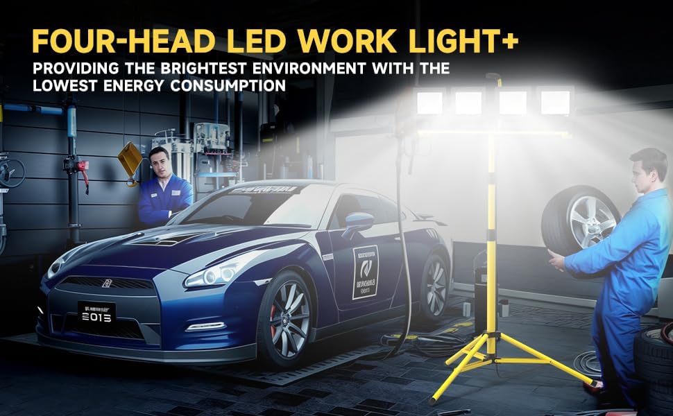 TOPRATED Plug In Led Work Light with Stand,28000 Lumen 110V 4 Adjustable Head Outdoor Flood Lights,Foldable Mechanic Light with 16.5Ft Power Cord,Portable Waterproof Tripod with Lamp for Workbench - Image 6